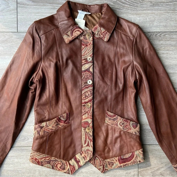 NWT Coldwater Creek Tapestry  Trim Leather Jacket - Picture 5 of 14